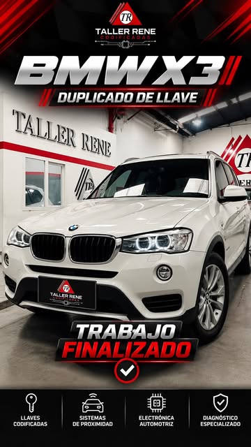BMW X3 blanco en el taller, con el cartel de Taller René de fondo